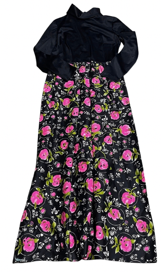 Vintage 70s Julie Miller Black and Pink Floral Maxi Dress - Medium