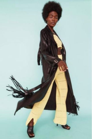 Faux Suede Tasseled Trench Coat - Black