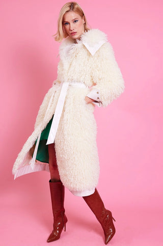 Fau SHearling Faux Leather Maxi Coat - Cream