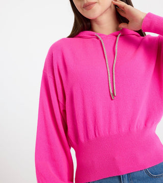 Hilary Rhinestone Drawstring Cashmere Hoodie - Pink - Sale