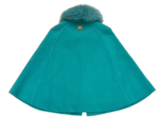 Blue Cashmere-Wool Cape with Fox Fur Collar - Size Medium