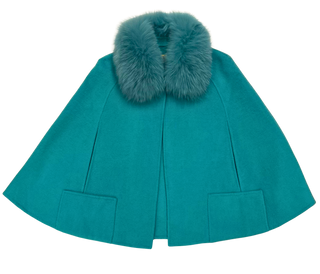 Blue Cashmere-Wool Cape with Fox Fur Collar - Size Medium