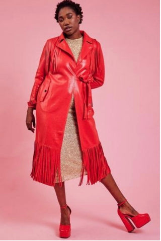 Faux Suede Textured Fringed Maxi Coat - Red - One Size