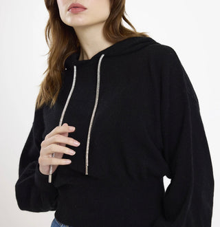 Hilary Rhinestone Drawstring Cashmere Hoodie - Black