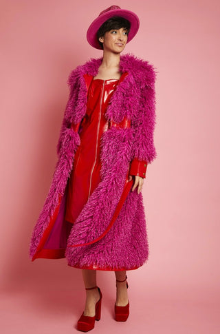 Faux Shearling Faux Leather Maxi Coat - Fuchsia