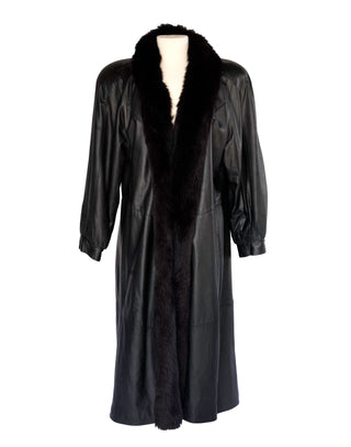 Vintage Black Leather Coat with Fur Trim - Size Medium