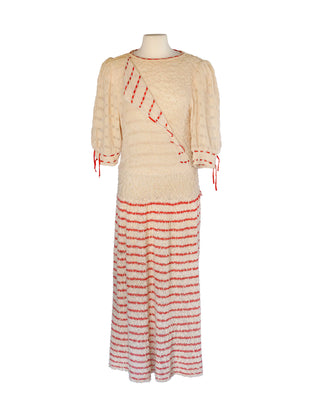 French Vintage Red Ribbon and Cotton Knit Dress - Size Medium