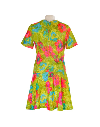 Vintage Chartreuse Floral Dress - Size Medium