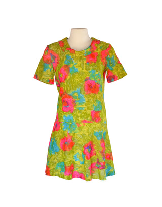 Vintage Chartreuse Floral Dress - Size Medium