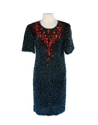Vintage Stenay Beaded Sequin Silk Dress - Size 12