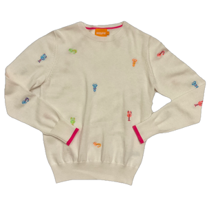 Wispr ivory cotton sweater with neon embroidered lobsters