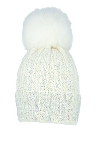 Ribbed White Wool and Glitter Beanie with Fox Pom Pom