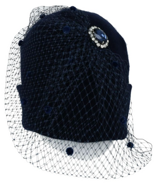Navy Blue Wool & Cashmere Beanie with Veil