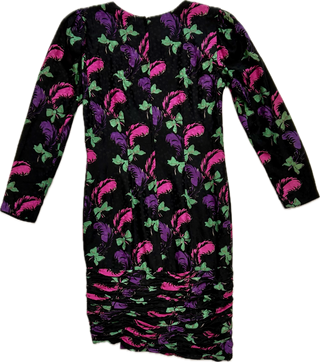 80's Silk Pink & Purple Ostrich Feather Print Dress - Size 8