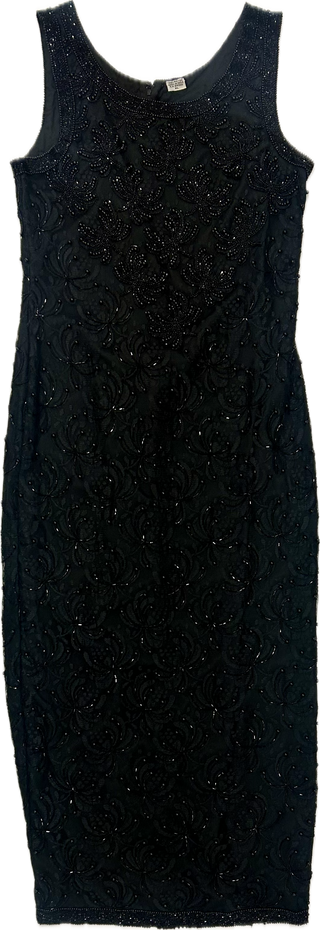 Vintage Beaded Black Lace Dress - Size XL