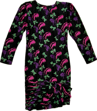 80's Silk Pink & Purple Ostrich Feather Print Dress - Size 8