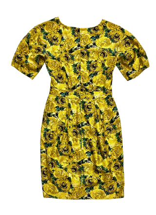 Vintage Pedro del Hierro Yellow and Black Rose Silk Dress - Size 6
