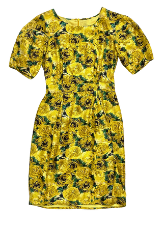 Vintage Pedro del Hierro Yellow and Black Rose Silk Dress - Size 6