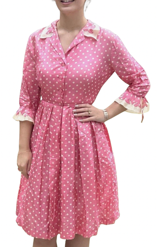 Vintage 50s Julie Miller California 100% Silk Pink Polka Dot Dress - Small/Medium