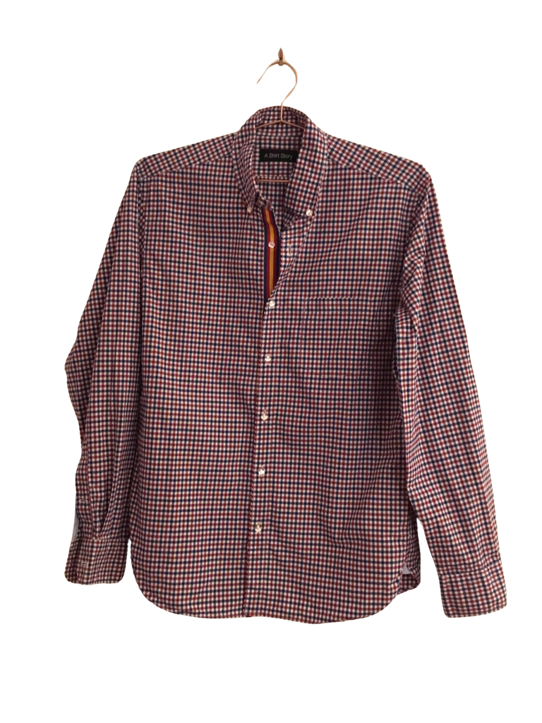 A Shirt Story: Red and Blue Gingham Button Down with Blue Gold and Red Striped Ribbon