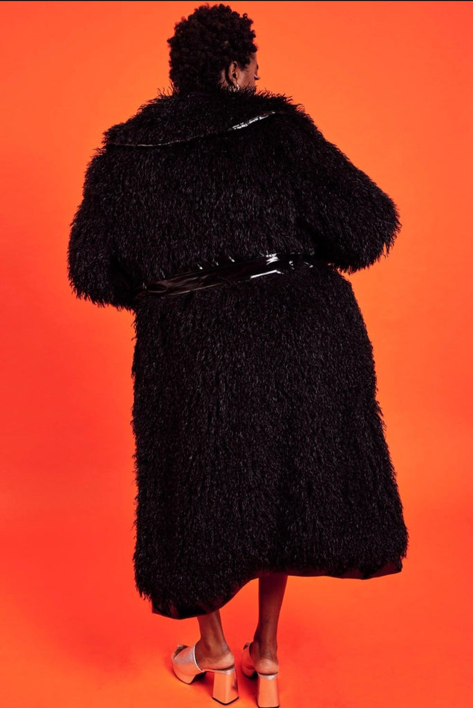 Faux Shearling Faux Leather Maxi Coat - Black