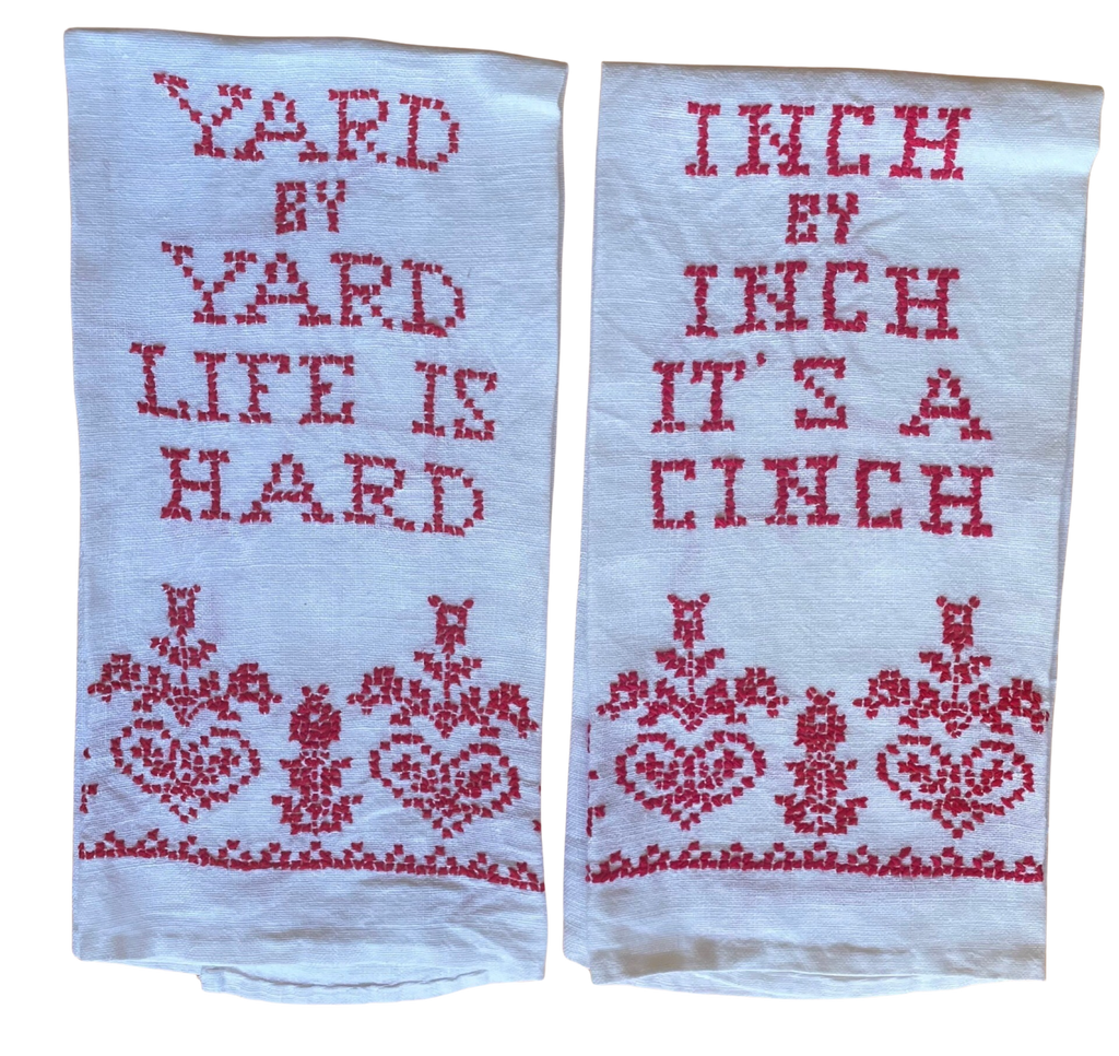 Set of Two Vintage Embroidered Linen Hand Towels