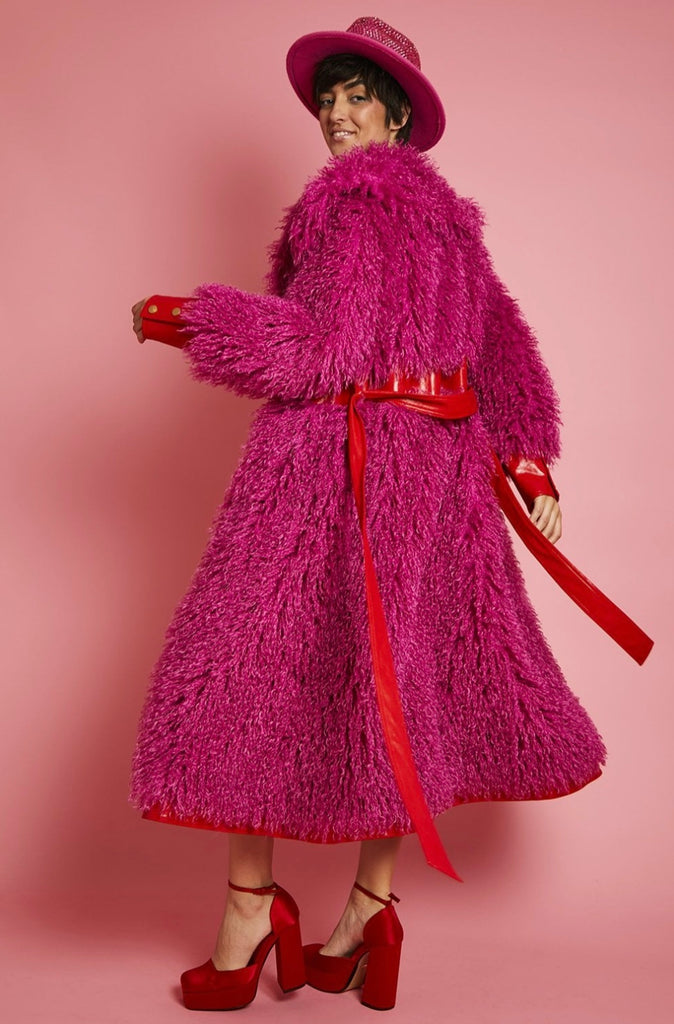Faux Shearling Faux Leather Maxi Coat - Fuchsia