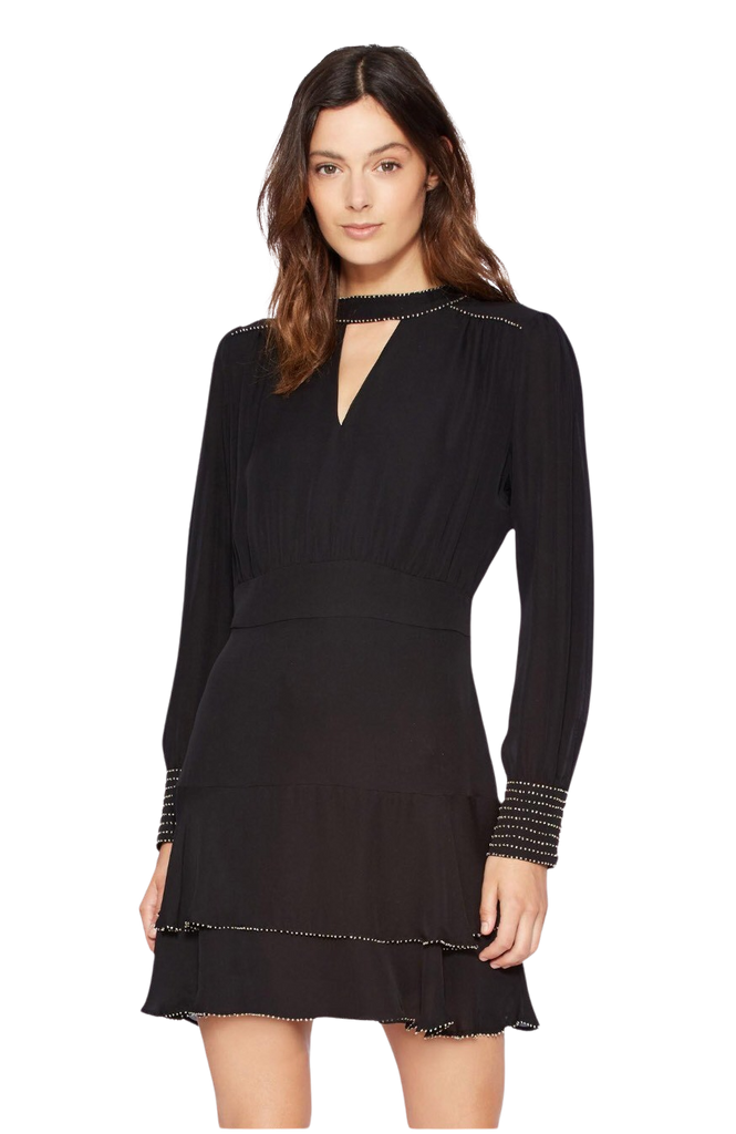 Chrissy Silk Black Long Sleeve Ball Chain Blouson Dress: Size 12