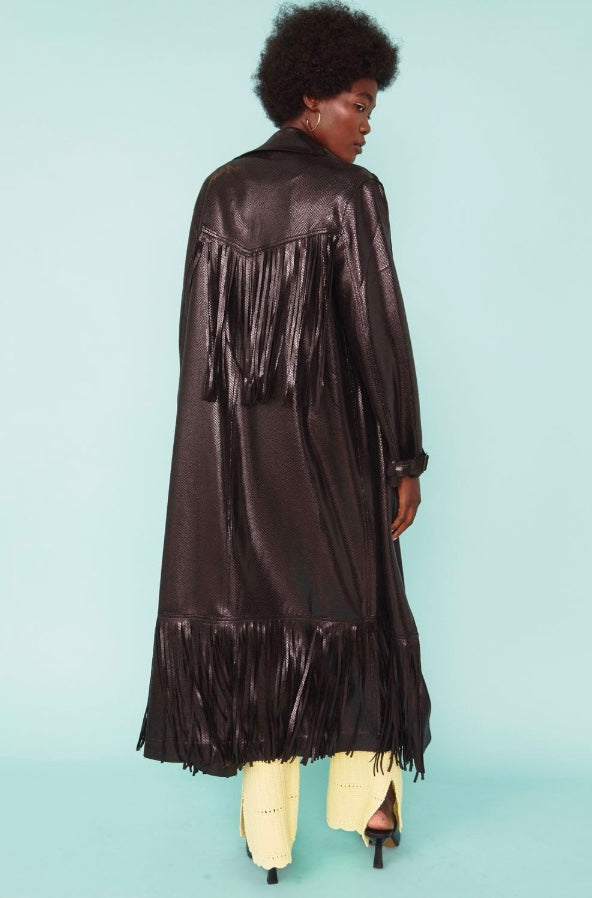 Faux Suede Tasseled Trench Coat - Black