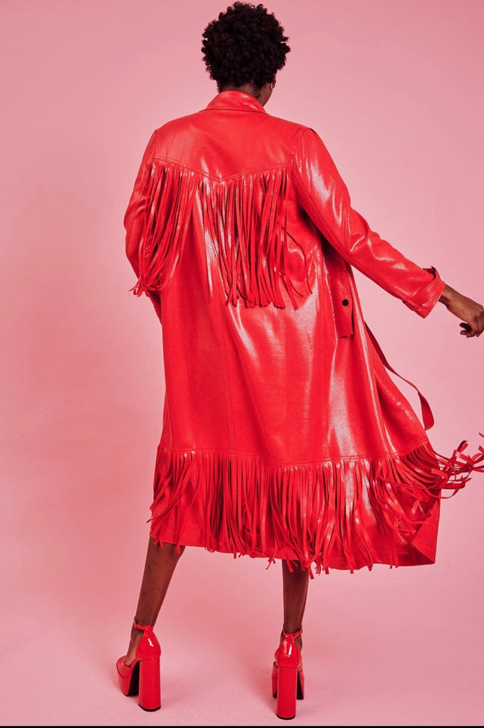 Faux Suede Textured Fringed Maxi Coat - Red - One Size