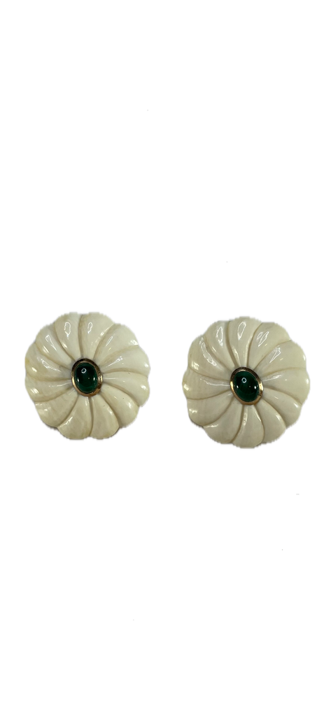 Vintage 80's Abstract Green & White Flower Earrings