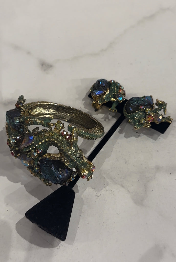Vintage HAR 2 pc. Dragon Hinged Bangle and Matching Earrings