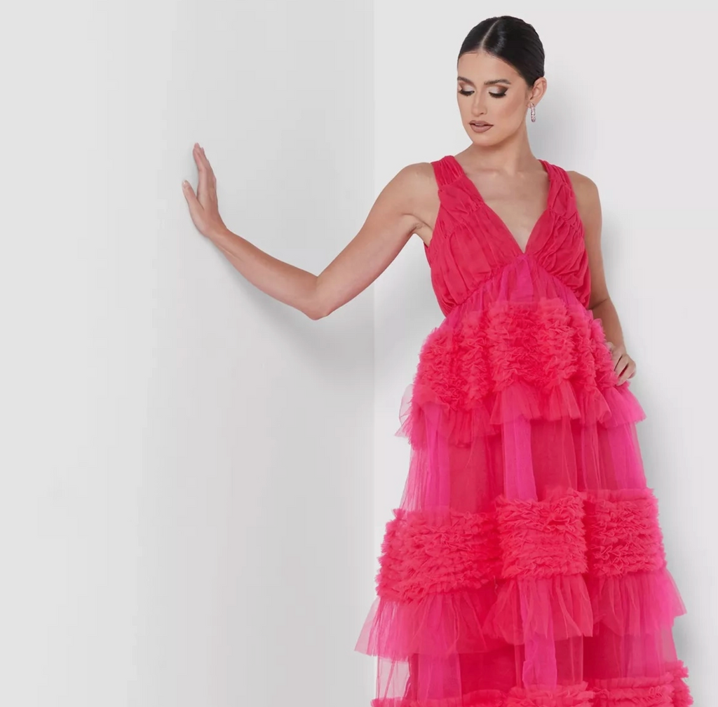 Amy Lynn Honor Pink Ruffle Tiered Tulle Maxi Dress: Medium