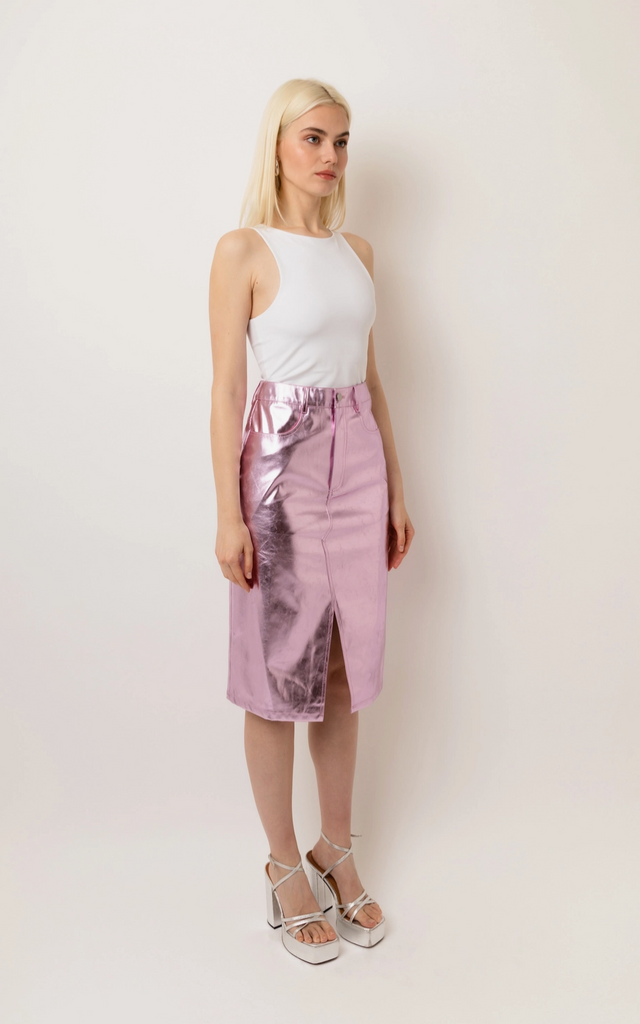 Amy Lynn Lupe Midi Skirt in Metallic Iced Pink: Medium