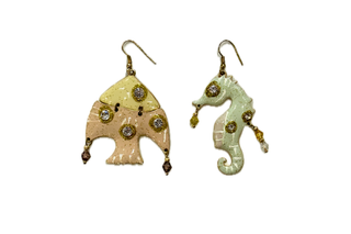 Vintage Asymmetrical Gold Plated Enamel Fish & Seahorse Earring