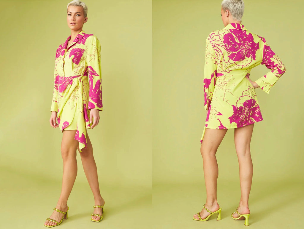 Jayley - Chartruse and Purple Floral Wrap Dress - S/M